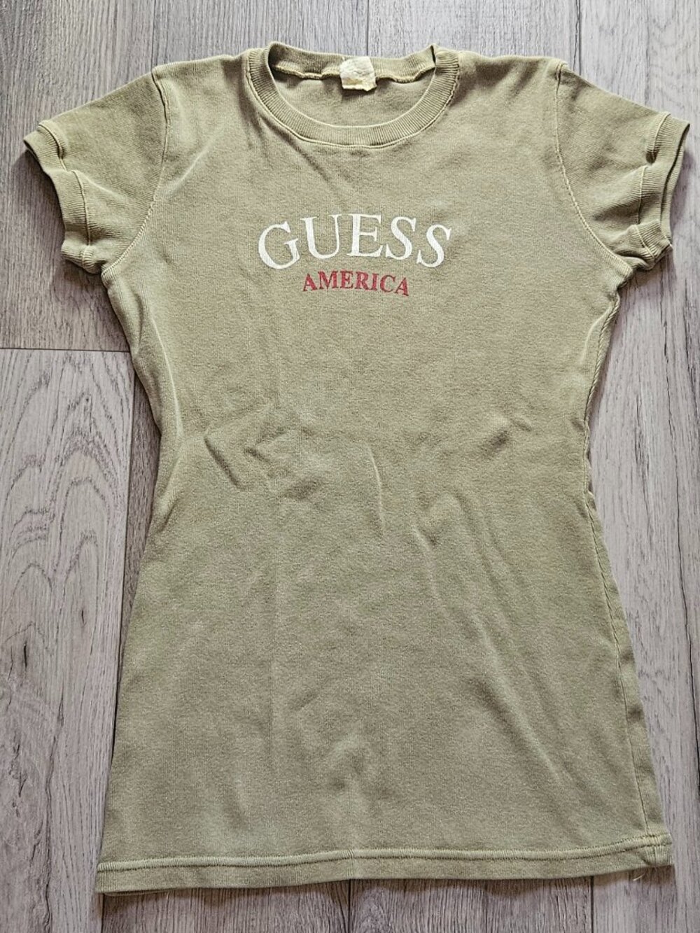Guess America Vintage Olive Green Y2K Women's Embroidered Graphic T-Shirt Size S